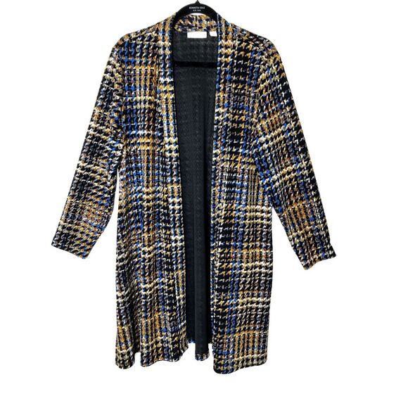 Susan Graver XL/P Plaid Houndstooth Open Cardigan Duster Black Blue Gold Knit - Picture 1 of 14